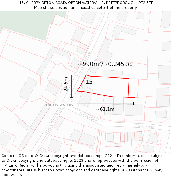 15, CHERRY ORTON ROAD, ORTON WATERVILLE, PETERBOROUGH, PE2 5EF: Plot and title map