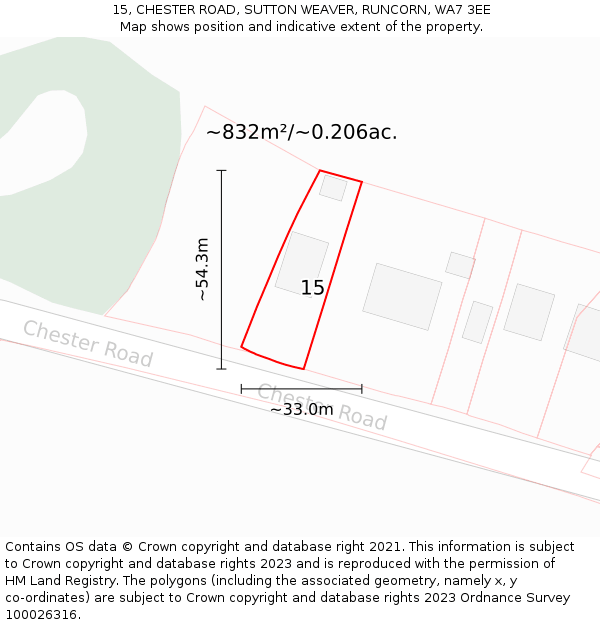 15, CHESTER ROAD, SUTTON WEAVER, RUNCORN, WA7 3EE: Plot and title map