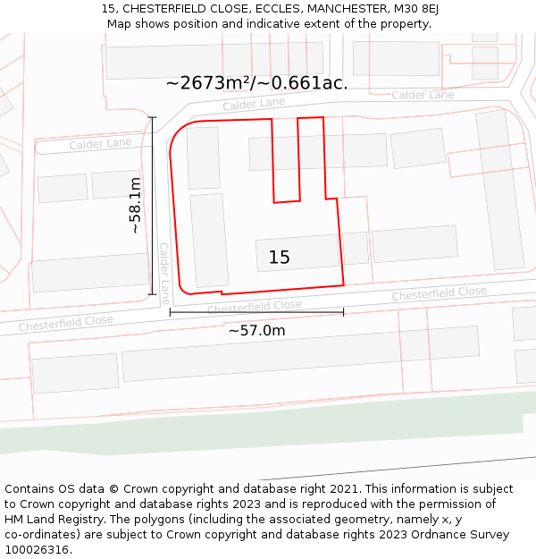 15, CHESTERFIELD CLOSE, ECCLES, MANCHESTER, M30 8EJ: Plot and title map