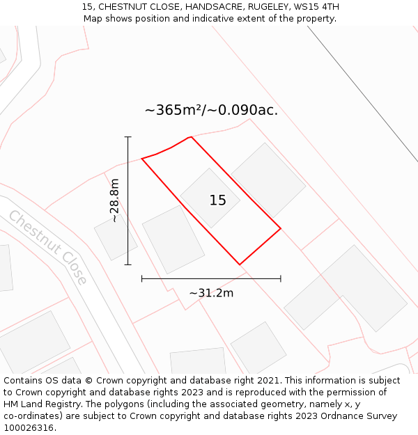 15, CHESTNUT CLOSE, HANDSACRE, RUGELEY, WS15 4TH: Plot and title map
