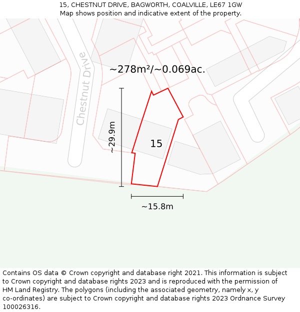 15, CHESTNUT DRIVE, BAGWORTH, COALVILLE, LE67 1GW: Plot and title map