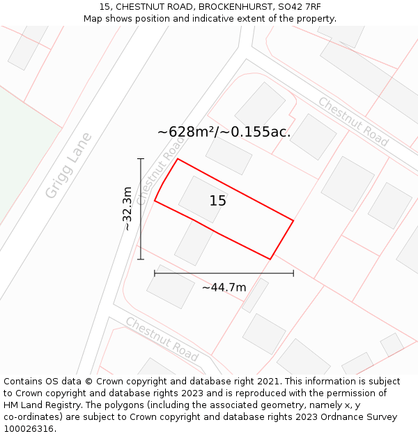 15, CHESTNUT ROAD, BROCKENHURST, SO42 7RF: Plot and title map