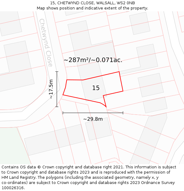 15, CHETWYND CLOSE, WALSALL, WS2 0NB: Plot and title map