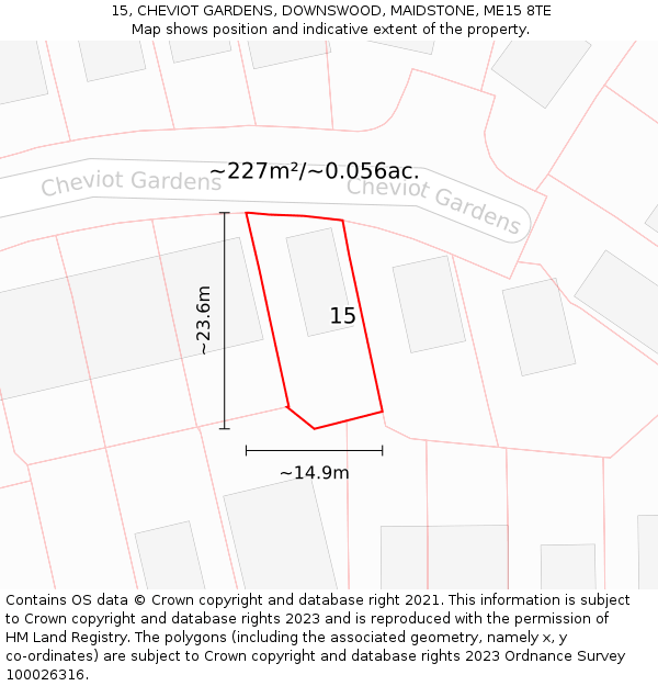 15, CHEVIOT GARDENS, DOWNSWOOD, MAIDSTONE, ME15 8TE: Plot and title map
