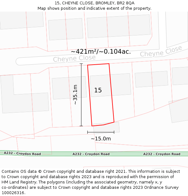 15, CHEYNE CLOSE, BROMLEY, BR2 8QA: Plot and title map