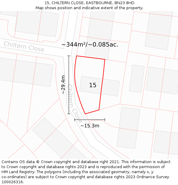 15, CHILTERN CLOSE, EASTBOURNE, BN23 8HD: Plot and title map
