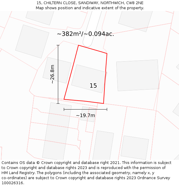 15, CHILTERN CLOSE, SANDIWAY, NORTHWICH, CW8 2NE: Plot and title map