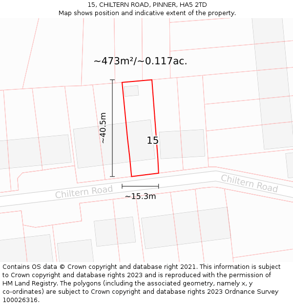 15, CHILTERN ROAD, PINNER, HA5 2TD: Plot and title map