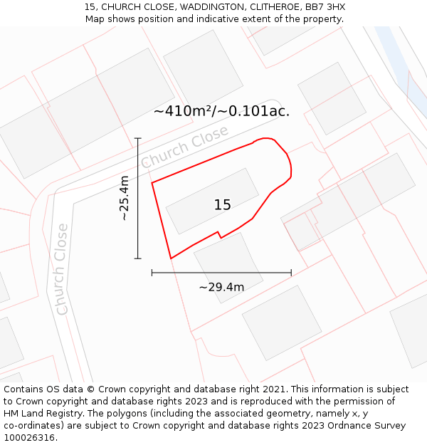 15, CHURCH CLOSE, WADDINGTON, CLITHEROE, BB7 3HX: Plot and title map