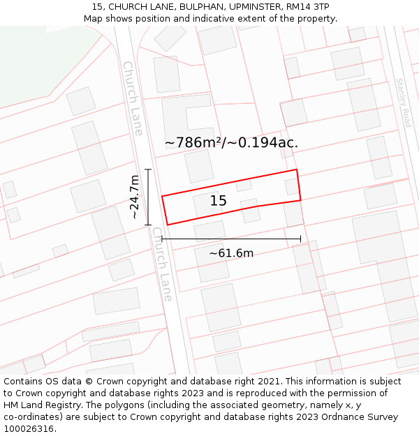 15, CHURCH LANE, BULPHAN, UPMINSTER, RM14 3TP: Plot and title map