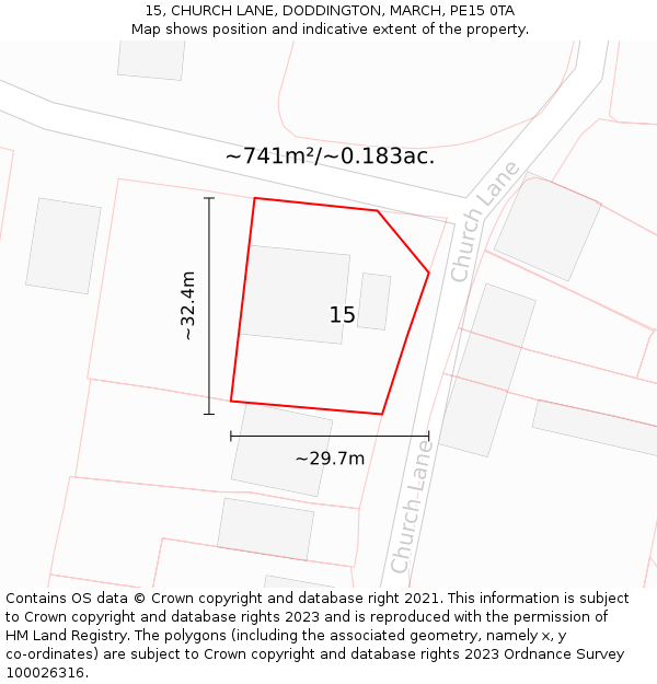 15, CHURCH LANE, DODDINGTON, MARCH, PE15 0TA: Plot and title map
