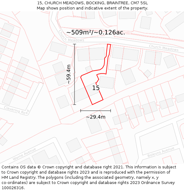 15, CHURCH MEADOWS, BOCKING, BRAINTREE, CM7 5SL: Plot and title map