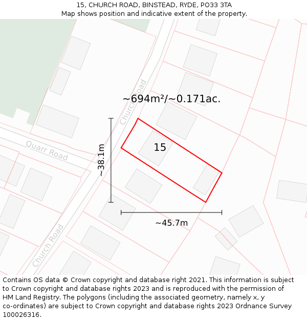 15, CHURCH ROAD, BINSTEAD, RYDE, PO33 3TA: Plot and title map