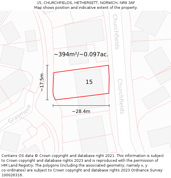 15, CHURCHFIELDS, HETHERSETT, NORWICH, NR9 3AF: Plot and title map