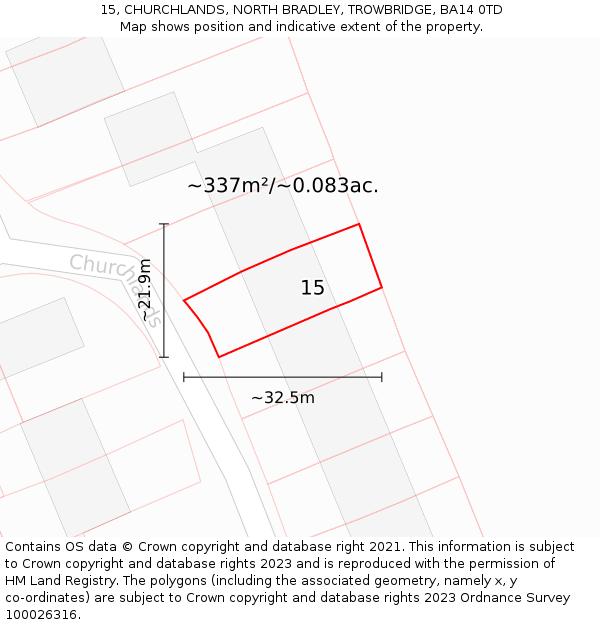 15, CHURCHLANDS, NORTH BRADLEY, TROWBRIDGE, BA14 0TD: Plot and title map
