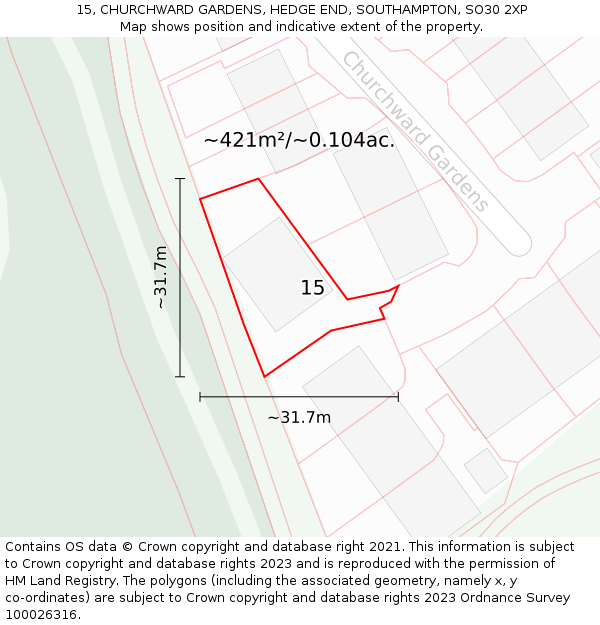 15, CHURCHWARD GARDENS, HEDGE END, SOUTHAMPTON, SO30 2XP: Plot and title map
