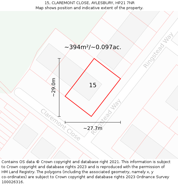 15, CLAREMONT CLOSE, AYLESBURY, HP21 7NR: Plot and title map