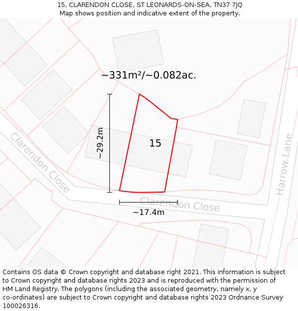 15, CLARENDON CLOSE, ST LEONARDS-ON-SEA, TN37 7JQ: Plot and title map