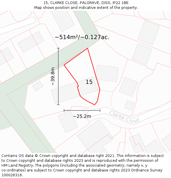15, CLARKE CLOSE, PALGRAVE, DISS, IP22 1BE: Plot and title map