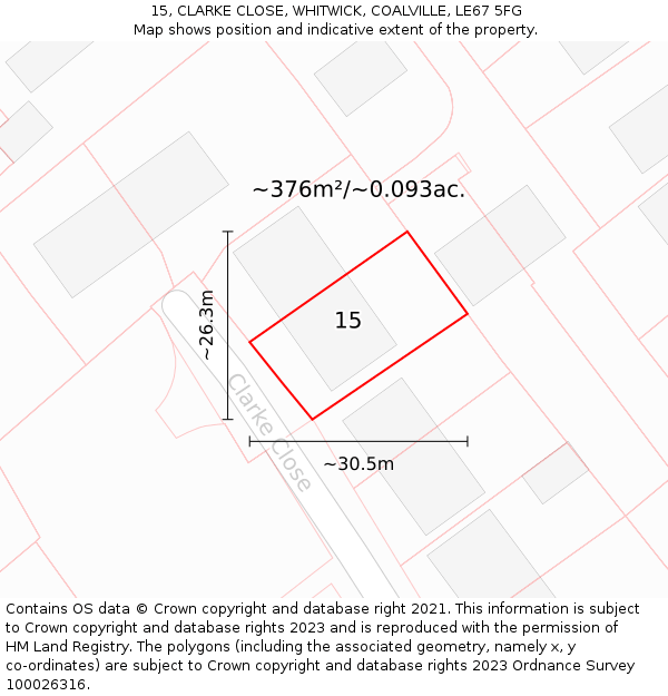 15, CLARKE CLOSE, WHITWICK, COALVILLE, LE67 5FG: Plot and title map