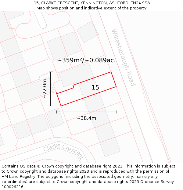 15, CLARKE CRESCENT, KENNINGTON, ASHFORD, TN24 9SA: Plot and title map