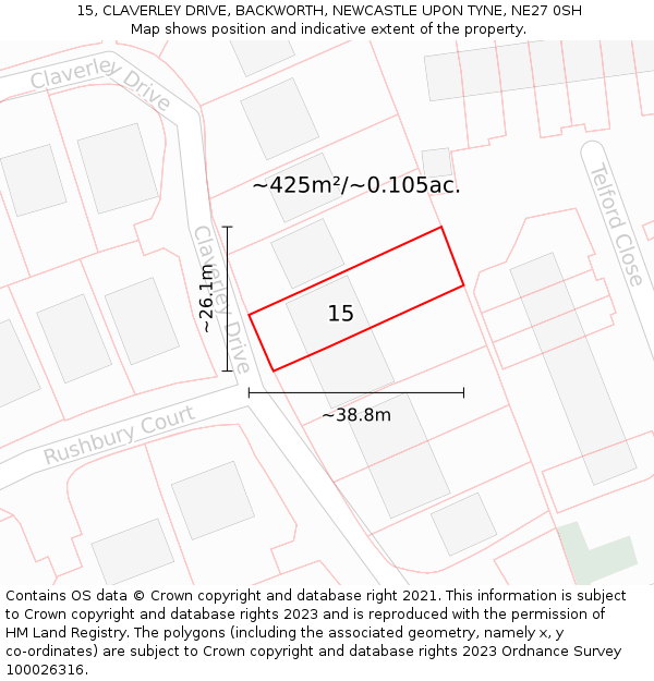 15, CLAVERLEY DRIVE, BACKWORTH, NEWCASTLE UPON TYNE, NE27 0SH: Plot and title map
