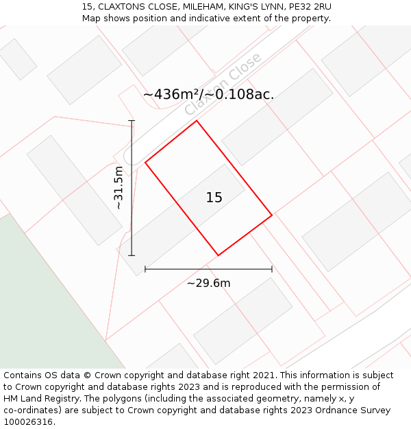 15, CLAXTONS CLOSE, MILEHAM, KING'S LYNN, PE32 2RU: Plot and title map