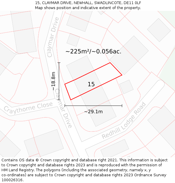 15, CLAYMAR DRIVE, NEWHALL, SWADLINCOTE, DE11 0LF: Plot and title map