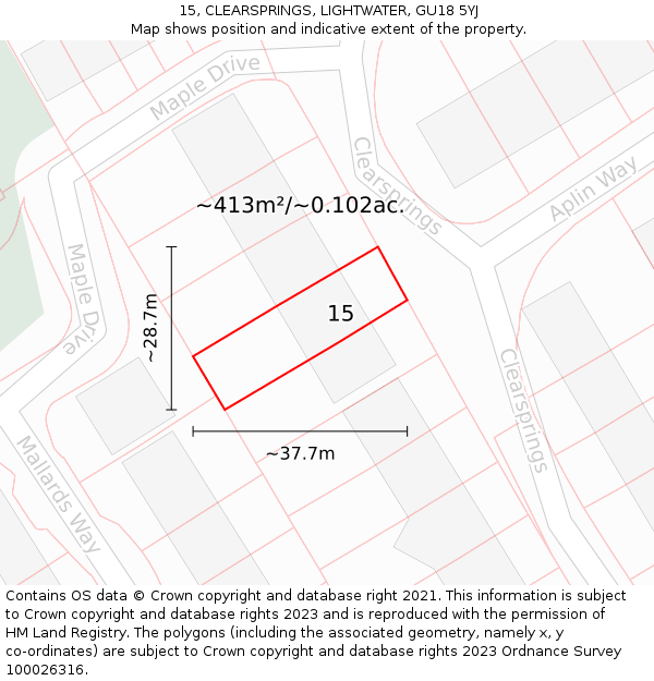 15, CLEARSPRINGS, LIGHTWATER, GU18 5YJ: Plot and title map