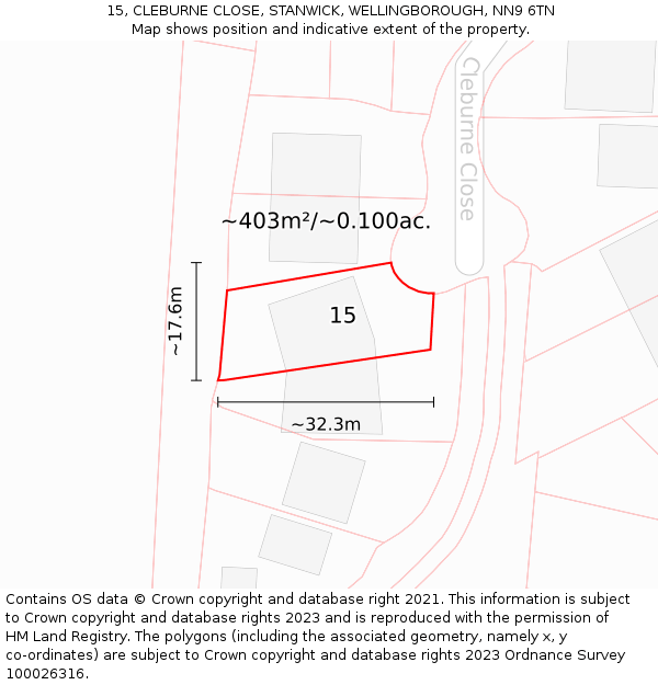 15, CLEBURNE CLOSE, STANWICK, WELLINGBOROUGH, NN9 6TN: Plot and title map