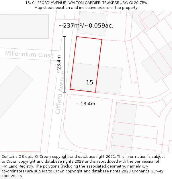 15, CLIFFORD AVENUE, WALTON CARDIFF, TEWKESBURY, GL20 7RW: Plot and title map