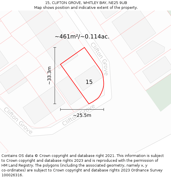 15, CLIFTON GROVE, WHITLEY BAY, NE25 9UB: Plot and title map