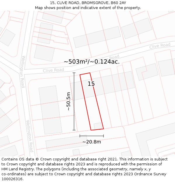 15, CLIVE ROAD, BROMSGROVE, B60 2AY: Plot and title map