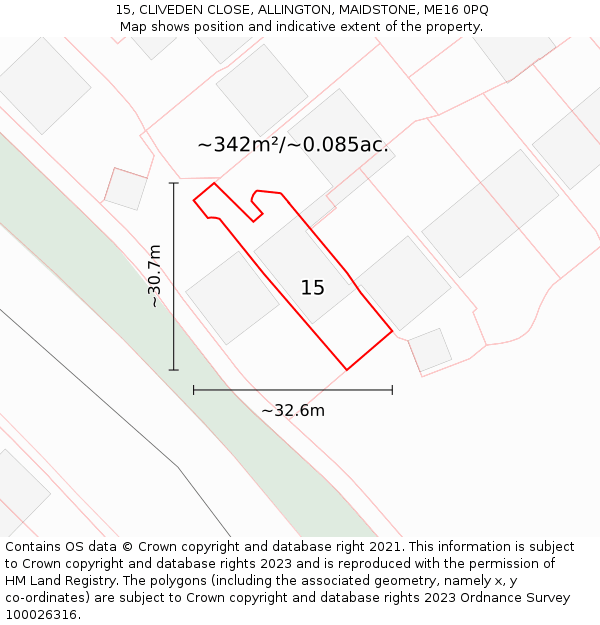 15, CLIVEDEN CLOSE, ALLINGTON, MAIDSTONE, ME16 0PQ: Plot and title map