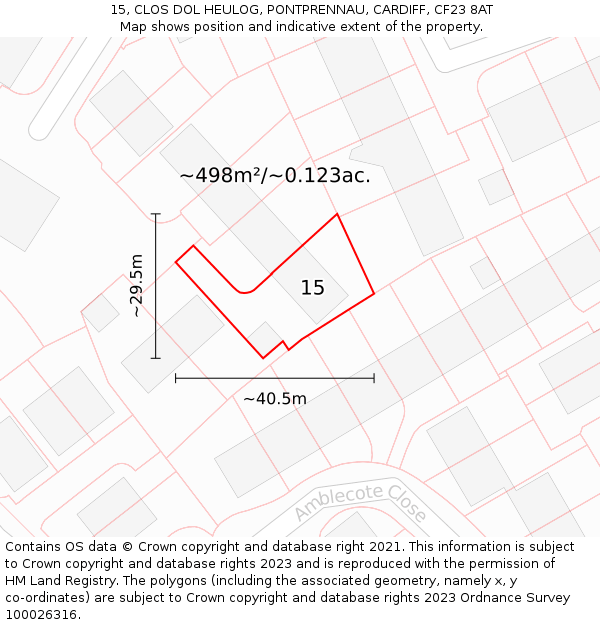 15, CLOS DOL HEULOG, PONTPRENNAU, CARDIFF, CF23 8AT: Plot and title map