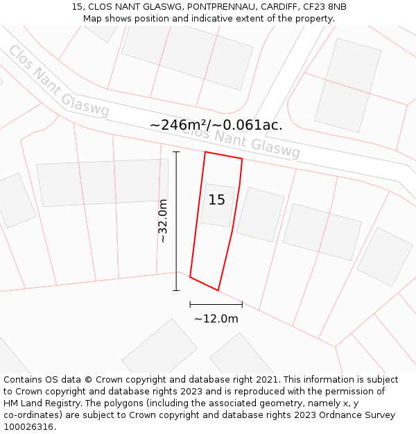 15, CLOS NANT GLASWG, PONTPRENNAU, CARDIFF, CF23 8NB: Plot and title map