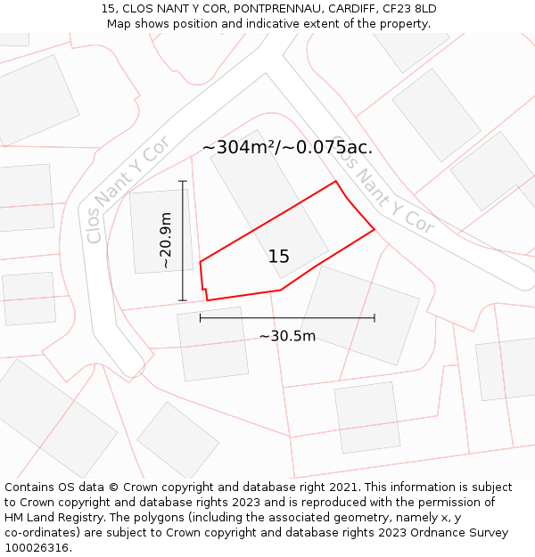 15, CLOS NANT Y COR, PONTPRENNAU, CARDIFF, CF23 8LD: Plot and title map