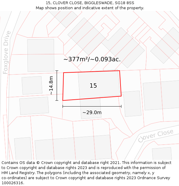 15, CLOVER CLOSE, BIGGLESWADE, SG18 8SS: Plot and title map