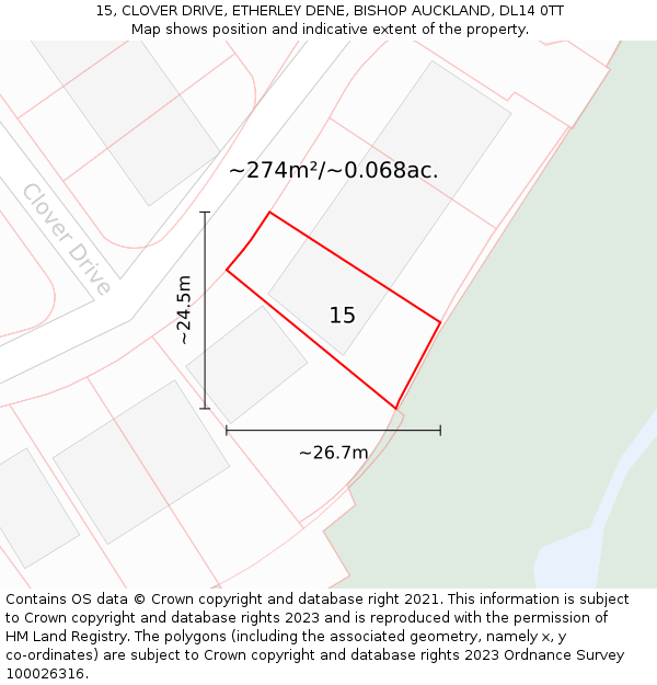 15, CLOVER DRIVE, ETHERLEY DENE, BISHOP AUCKLAND, DL14 0TT: Plot and title map