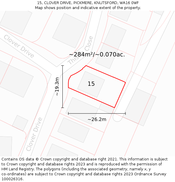 15, CLOVER DRIVE, PICKMERE, KNUTSFORD, WA16 0WF: Plot and title map