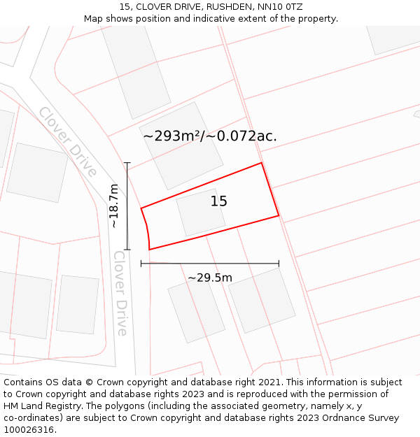 15, CLOVER DRIVE, RUSHDEN, NN10 0TZ: Plot and title map