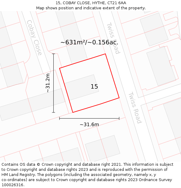 15, COBAY CLOSE, HYTHE, CT21 6AA: Plot and title map