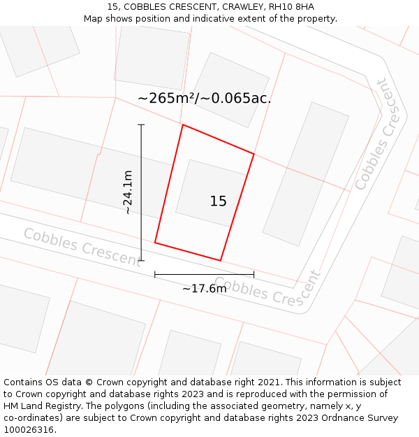 15, COBBLES CRESCENT, CRAWLEY, RH10 8HA: Plot and title map
