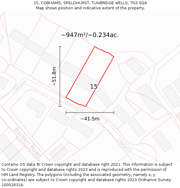 15, COBHAMS, SPELDHURST, TUNBRIDGE WELLS, TN3 0QA: Plot and title map
