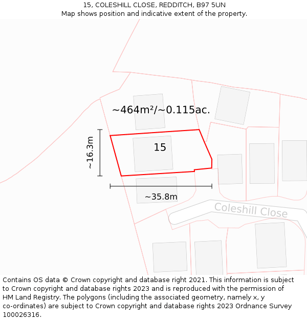 15, COLESHILL CLOSE, REDDITCH, B97 5UN: Plot and title map