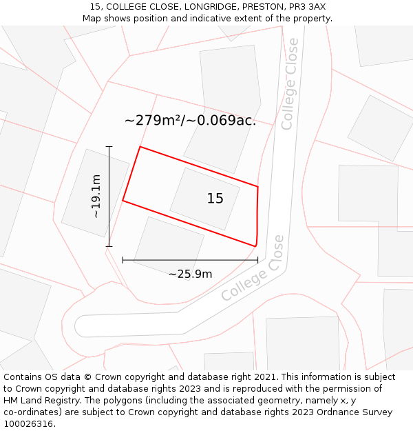15, COLLEGE CLOSE, LONGRIDGE, PRESTON, PR3 3AX: Plot and title map