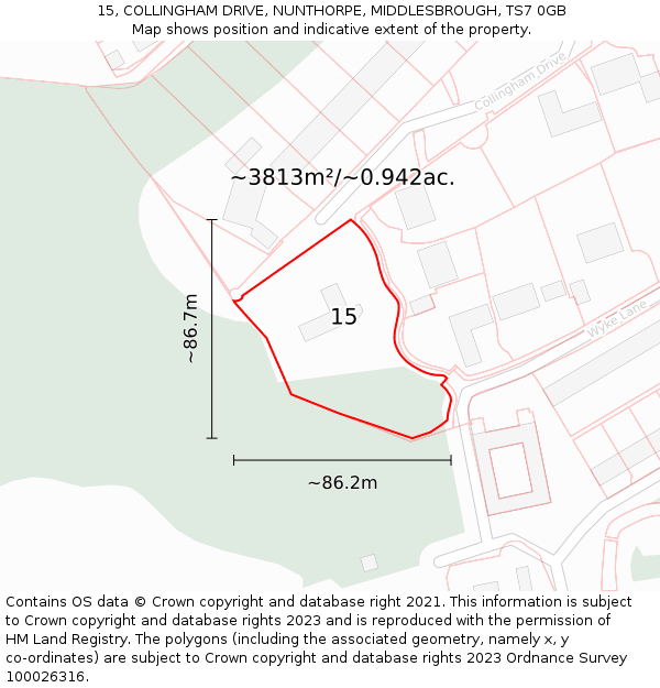 15, COLLINGHAM DRIVE, NUNTHORPE, MIDDLESBROUGH, TS7 0GB: Plot and title map
