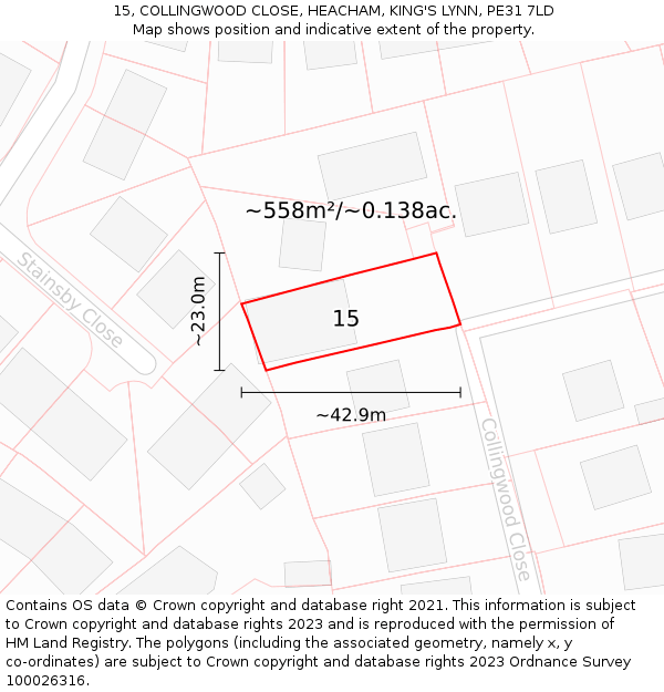 15, COLLINGWOOD CLOSE, HEACHAM, KING'S LYNN, PE31 7LD: Plot and title map