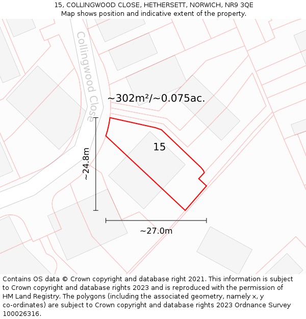 15, COLLINGWOOD CLOSE, HETHERSETT, NORWICH, NR9 3QE: Plot and title map