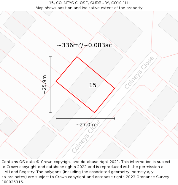 15, COLNEYS CLOSE, SUDBURY, CO10 1LH: Plot and title map